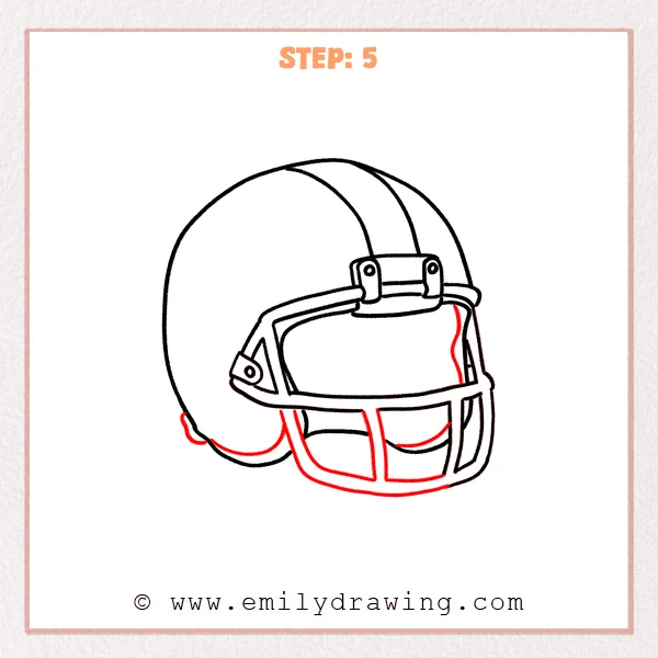 how to draw a football helmet - A football helmet drawing with a wide lower guard bar, a center vertical bar, a right inner support, and a small padded lower edge detail.
